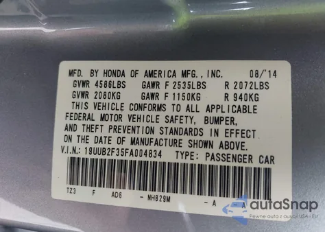 2015 Acura Tlx V6 z USA, uszkodzony, nr VIN 19UUB2F35FA004834